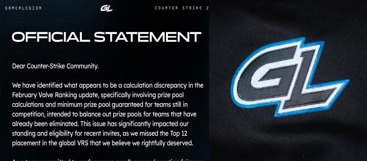 German e-sports team Gamer Legion (GL) seeks communication with Valve over Counter Strike 2 Valve Regional Standings (VRS) ranking system unfairness.. German e-sports team Gamer Legion (GL) seeks communication with Valve over Counter Strike 2 Valve Regional Standings (VRS) ranking system unfairness..
