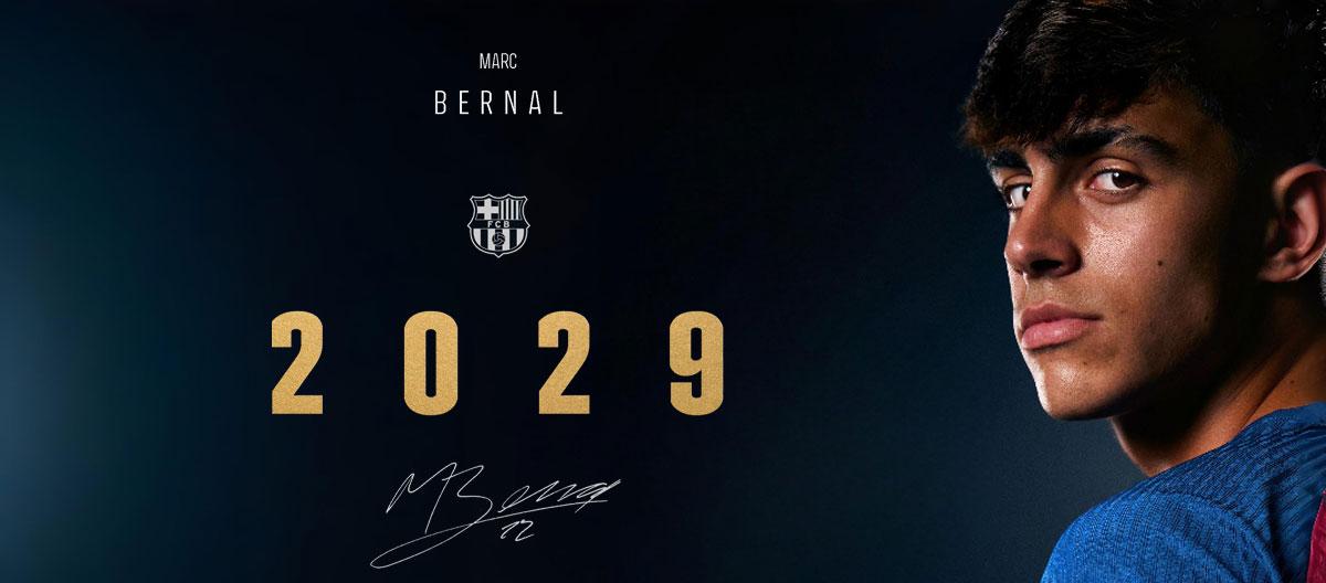Barcelona completes contract extension with Spain U19s international defensive midfielder wonderkid Marc Bernal..