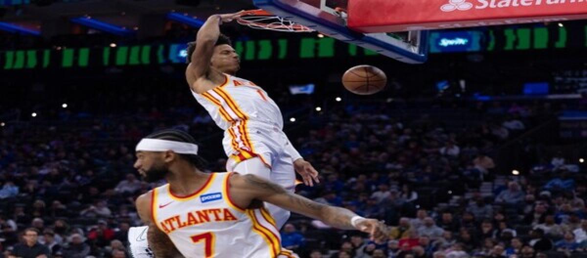 Johnson's 41 points and 14 rebounds fueled the Hawks' double-overtime victory over the 76ers, who narrowly defeated the Hawks 142-134.