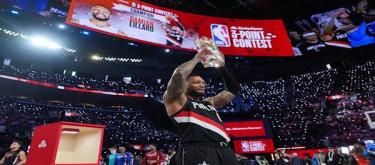 Lillard wins the Three-Point Contest again, tying the all-time record for the third time in his career.